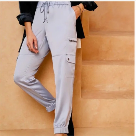 Banana Republic Pants - NEW BANANA REPUBLIC Silver Satin Ladies Cargo Joggers Medium